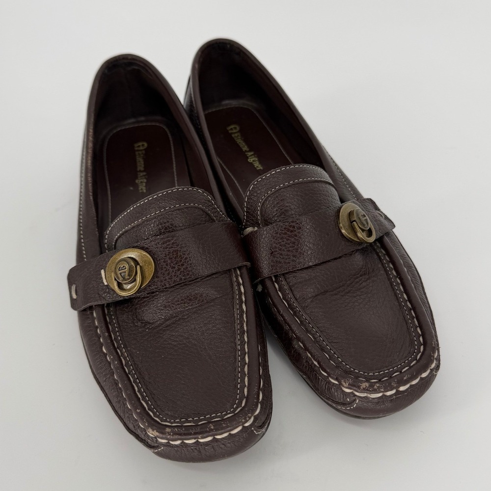 Etienne Aigner Brown Pebbled Leather Loafers Brass Logo Hardware Square Toe
